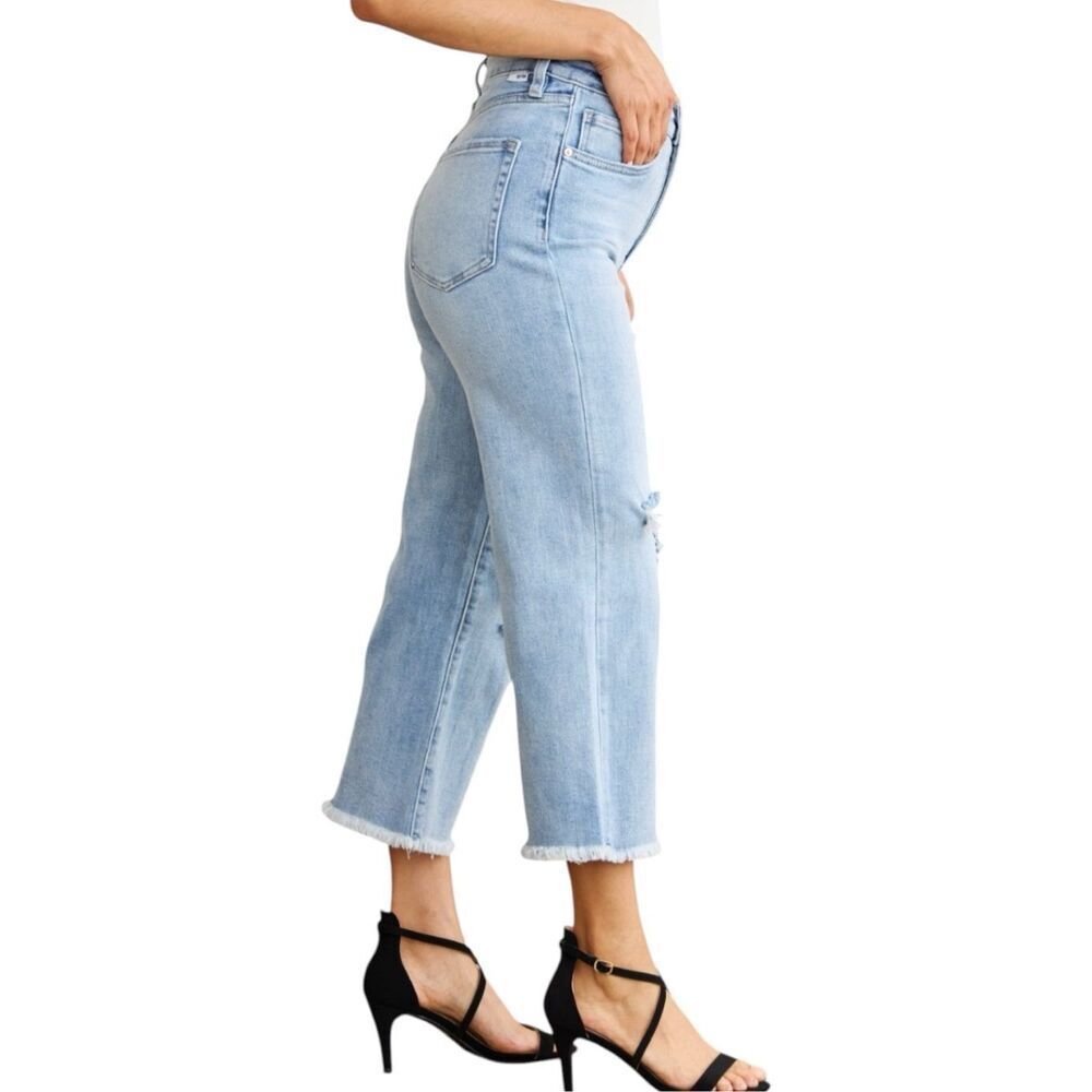 High Rise Tummy Control Cropped Jeans Distressed Light Wash Raw Hem Stretch RFM - Picture 4 of 10